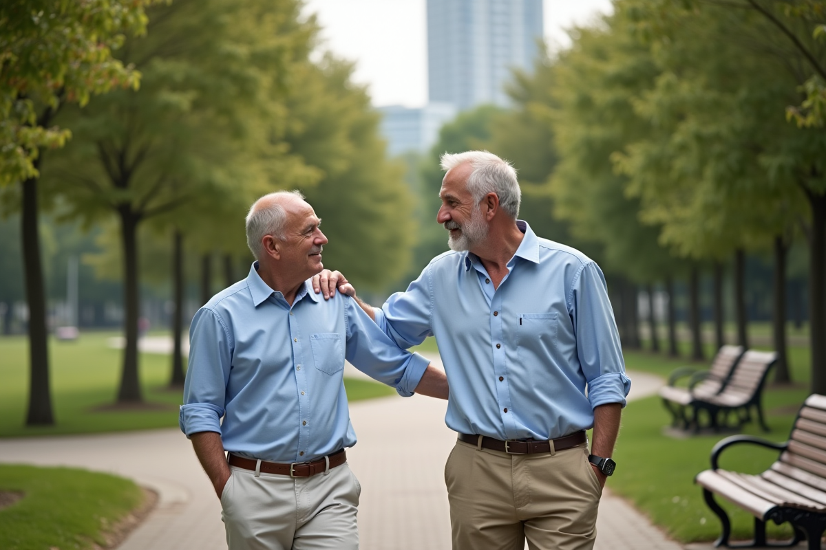 Deux hommes marchant dans un parc urbain en été