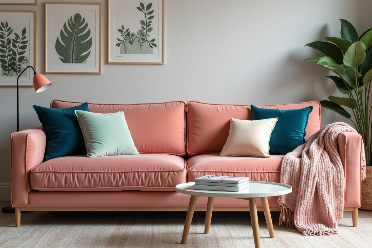 Salon élégant avec canapé en velours saumon et coussins colorés
