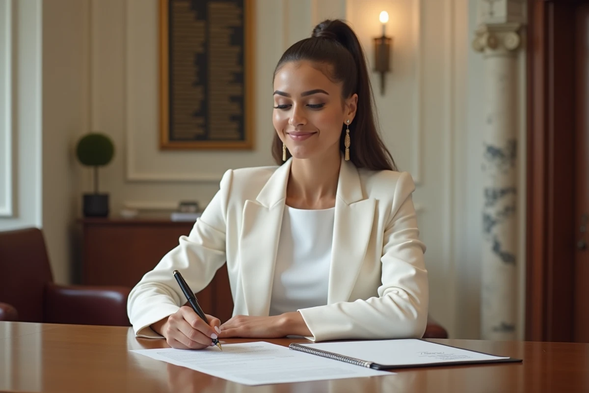 Femme souriante signant certificat de mariage