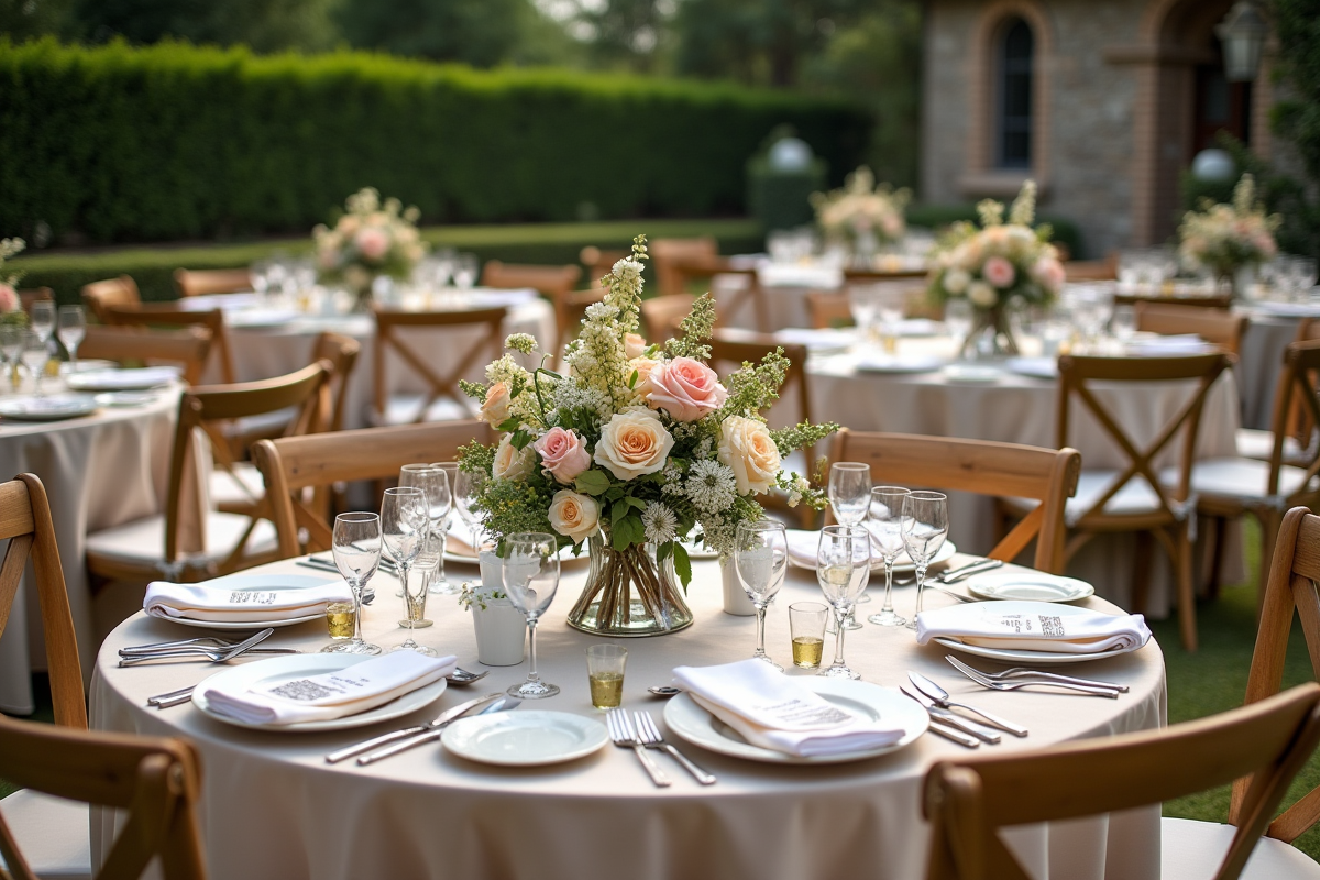 Table de mariage en plein air avec vaisselle et fleurs
